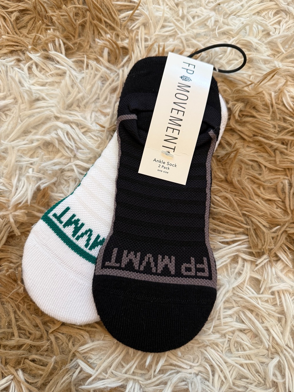 Free People Movement Ankle Socks — Black & White with Green Accent (2-Pack)